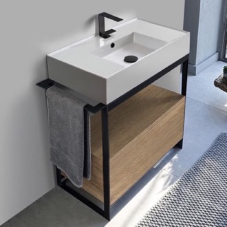 Console Bathroom Vanity Modern Powder Room Console Vanity with Natural Brown Oak Cabinet, 35 Inch, Free Standing Scarabeo 5123-SOL1-89